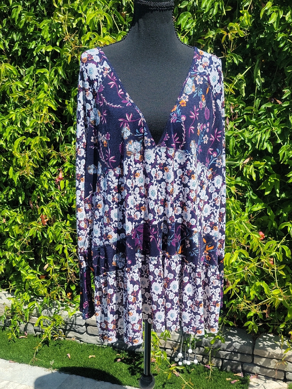 Free People Isabelle Multicolor Floral Deep V NECK Oversized Tunic Blouse L
